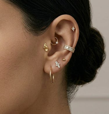 אוזן מעוצבת בסגנון יוקרתי עם עגילי חישוק מזהב, יהלומים ופירסינג סחוס