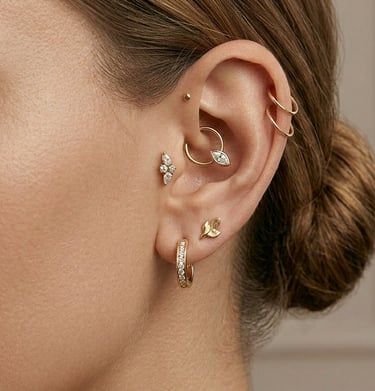 אוזן מעוצבת בסגנון יוקרתי עם עגילי חישוק מזהב, יהלום ותכשיטים בצורת עלים