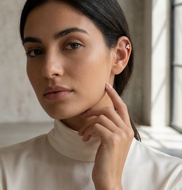אישה עם עגיל סחוס מזהב עם שלושה אבנים בפירסינג בחלק העליון של האוזן