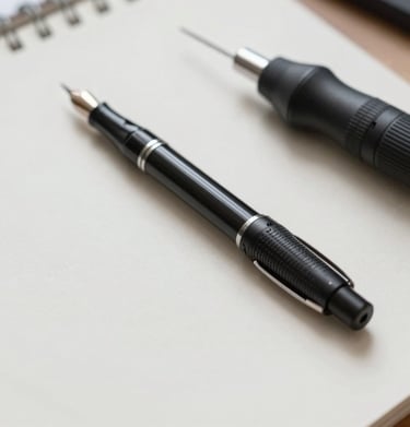 A professional calligraphy pen and a small laser tool resting on a clean, light-colored workbench, signifying the blend of handmade and modern creative technology.