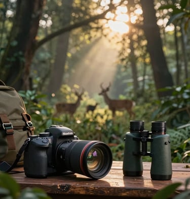 A content creator filming a vlog with a rented camera, with lush green forest as the backdrop.