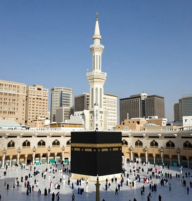 A group of happy Pakistani pilgrims smiling together outside their hotel near Haram.