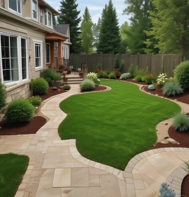Garden beds edged sharply with mulch and healthy plants thriving.