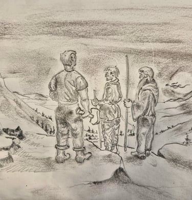 a drawing of a group of people standing on a mountain