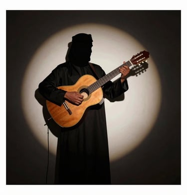 Shadow play on a dark wall with a silhouette of a North African / Moroccan musician holding a guitar, gold rim lighting around the edges.