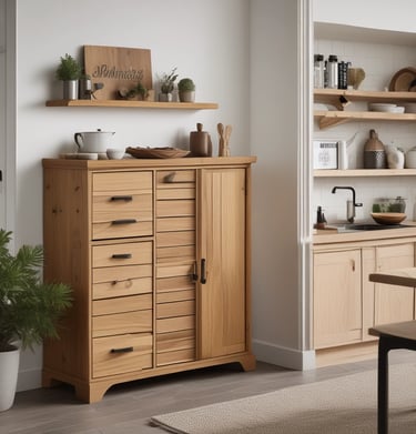 A sleek wooden dining table with yellow accents set in a bright, industrial-style room.