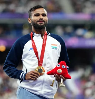 Praveen Kumar, Indian Paralympic high jumper training with strength and determination.