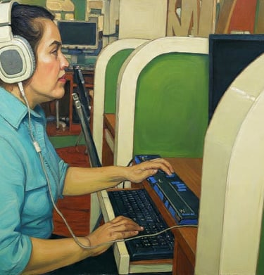 mulher usando fone de condução ossea e teclado assistivo