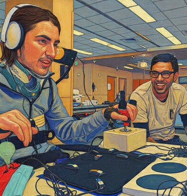 garoto usando tecnologia assistiva para jogar e seu amigo do lado sorrindo