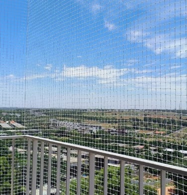 A technician carefully fitting the netting frame on a residential window.