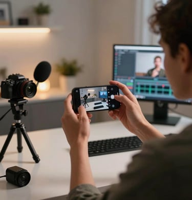 A joyful content creator sharing a finished video on social media from their mobile device.