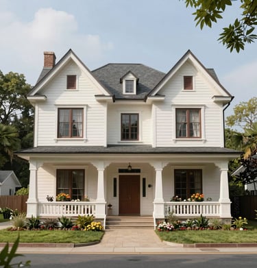 An inviting front porch with charming plants and a welcoming door.