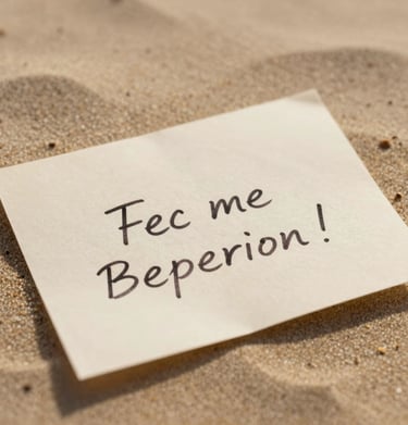 A cinematic detail shot of a hand-written note on soft sand paper, earthy brown ink, warm and inviting photography.