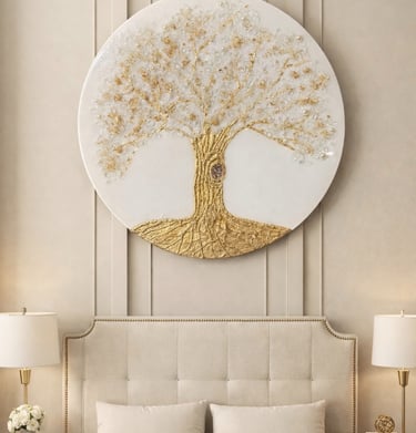a bed with a large tree on the wall
