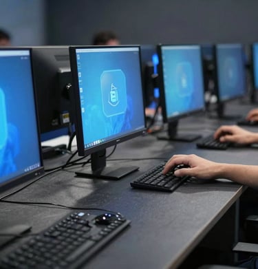 A dynamic shot of a digital security competition environment. Soft steel blue screens reflect on a dark slate grey table. The lighting is focused and serious, emphasizing the intensity of the challenge.