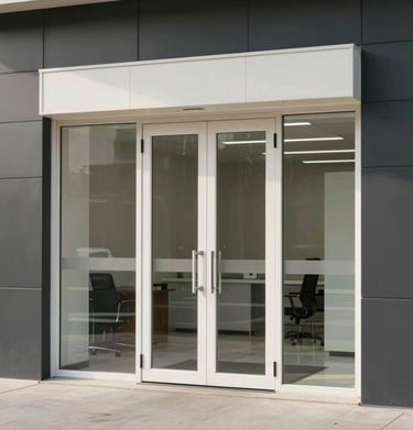 A clean, minimalist image of a secure office entrance with glass and steel. Colors are dominated by off-white and dark slate grey, conveying trust and reliability.