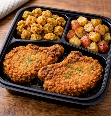 Fried Pork Chops, Fried Okra, Country Potatoes