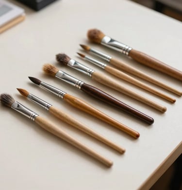 A neat arrangement of various professional artist brushes with wooden handles on a clean, cream-colored work table, showcasing the tools of the trade.