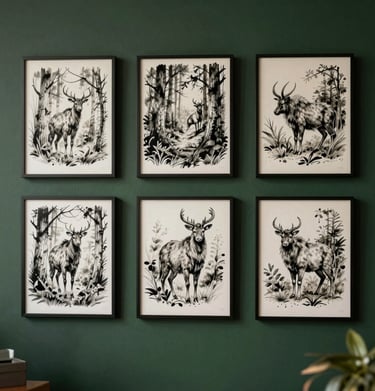 A series of ink drawings of forest fauna displayed on a dark forest green studio wall, with soft highlights from a nearby window.