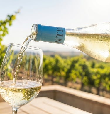 Sirviendo copa de vino blanco Cola de Gallo en mesa de restaurante