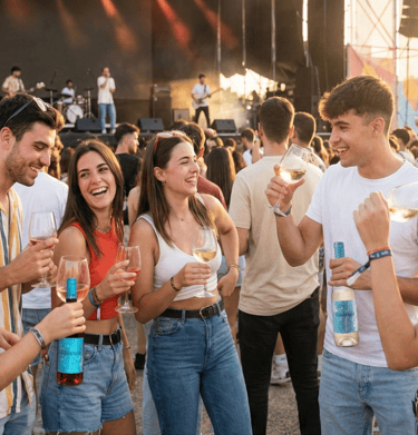 Jóvenes disfrutando de concierto con vinos Cola de Gallo rosado y blanco
