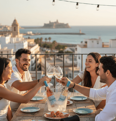 Parejas brindando con vinos Cola de Gallo en restaurante de Calpe, Alicante
