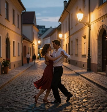 A couple dancing in a cobblestone street in a historic European village at dusk. The warm street lamps create a cinematic, romantic atmosphere with soft shadows.