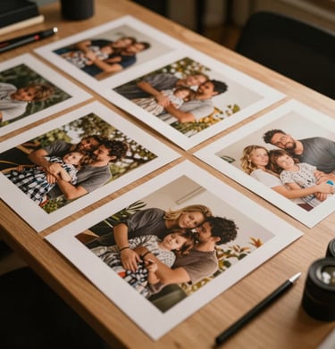 An overhead shot of a photography workstation with prints of family sessions spread out, surrounded by warm light.
