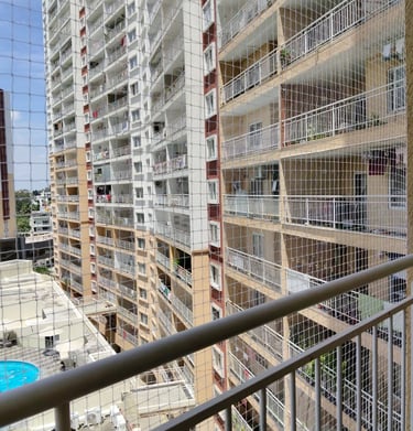 Happy customer pointing at the newly installed pigeon net on their home balcony.