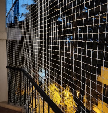 Installation team carefully fitting pigeon nets on a multi-story apartment block.