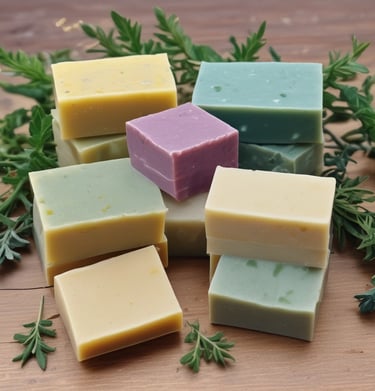 A stack of colorful soap bars wrapped in recycled paper with twine bows.