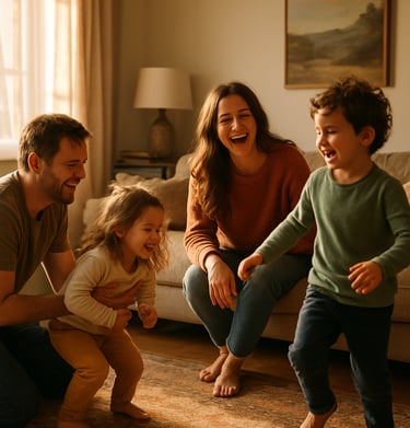 Indoor lifestyle shot of a family playing in a sunlit North American living room, warm morning light, candid and inviting cinematic style.