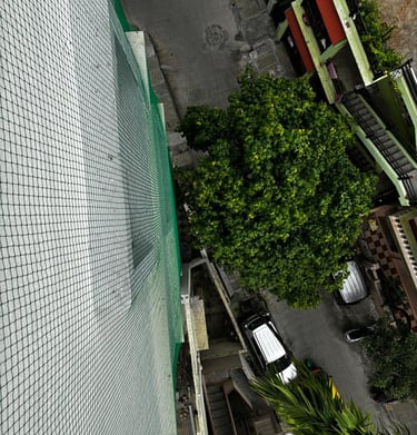 Evening photo showing the pigeon net blending seamlessly with apartment exterior.