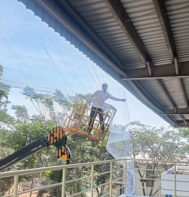 carefully installing pigeon nets along the warehouse beams during daylight.