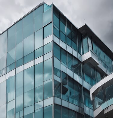 Sparkling clean glass facade reflecting sunlight on a modern business building.