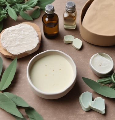 A serene workspace with plants, essential oils, and clean canvas product packaging.