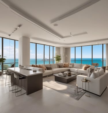 A bright, airy living room in a Boca Raton luxury home with minimalist decor and natural light.