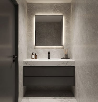 Baño moderno de lujo con espejo circular retroiluminado, azulejos de mármol en las paredes y ducha a