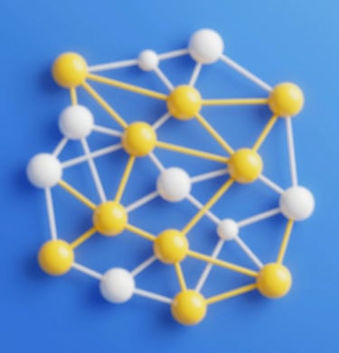 Abstract connection nodes graphic in yellow and white against a medium blue background, representing a network.
