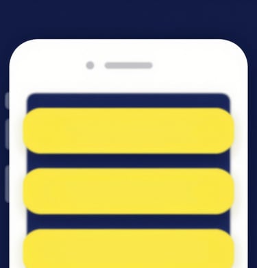 A screen displaying a clean, high-contrast mobile interface design with bold yellow buttons and dark blue backgrounds.