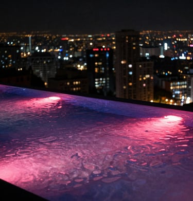Premium nighttime scene of an infinity pool over looking a metropolitan area, with deep pink and purple neon reflections shimmering on the water surface.