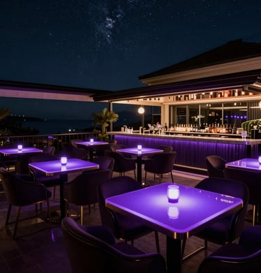 Artistic nighttime photography of an exclusive terrace bar with glowing electric purple tables and dark luxurious styling, under starry global skies.