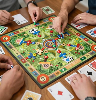 A playful scene with children enjoying board games around a cozy living room.
