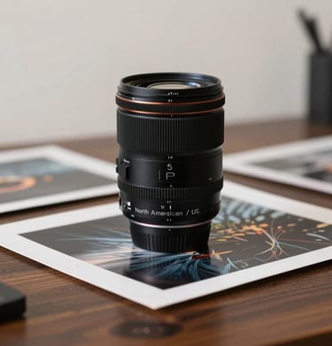 Artistic detail of a camera lens and fine art prints on a dark wooden table in a professional Buffalo, NY studio, soft off-white ambient light, North American / US setting.