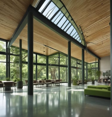 An interior space designed with sustainable materials and energy-efficient lighting.