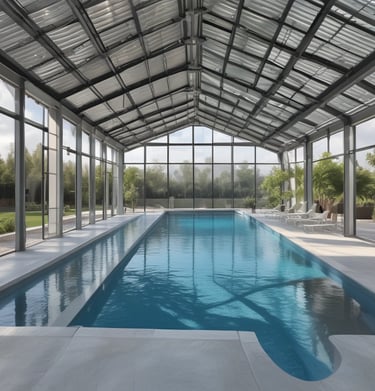 An outdoor swimming pool with clear blue water is surrounded by greenery and palm trees. Adjacent is a multi-story building with large windows. The pool's edge features metal handrails and warning signs on the floor, indicating caution for slippery surfaces. The sky is mostly clear, suggesting a pleasant day.