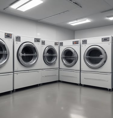 A laundromat with multiple rows of front-loading washing machines and dryers. Some machines have clothes inside, and a laundry cart is present. The walls have humorous signage, including 'Laundry today or naked tomorrow!' and 'Dryers are for washing customers only.' The flooring is light-colored tile, and there's a fan mounted on the wall.