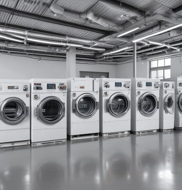 A laundromat interior featuring two stacked commercial washer and dryer machines. The machines have a capacity of 23 kg each. The front view displays control panels with various settings and instructions. The background includes a partially visible reception area with chairs, and there are informational posters mounted on a side wall.