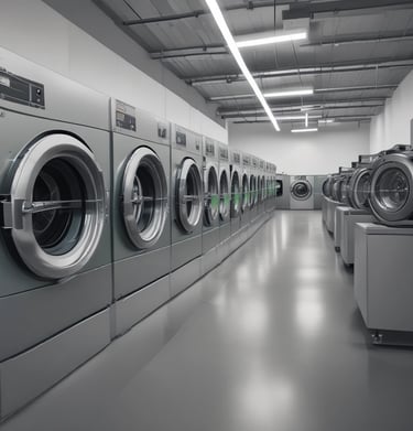 A dimly lit laundromat with a row of washing machines lining the right side. Laundry carts are visible along the left, and the tile floor reflects the subdued lighting from overhead. Various cleaning supplies sit on top of the machines.