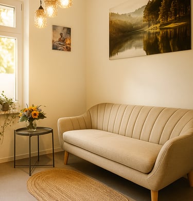 Wartebereich bei Bai Pho Thai Massage in Zossen – gemütliches Sofa, frische Blumen und warme Beleuch